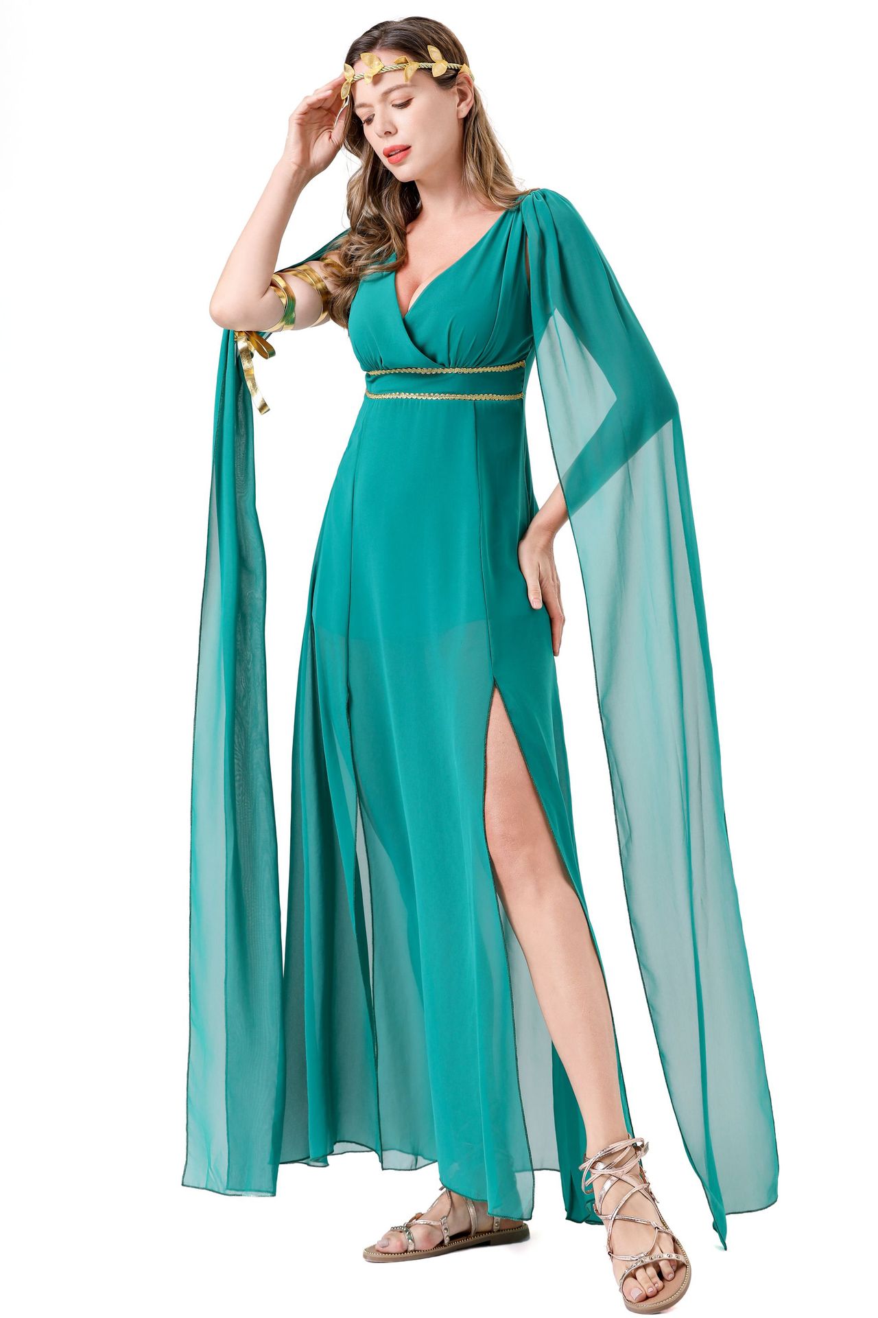 Halloween Cosplay Greek Goddess Dress - Green Chiffon Slit Maxi Gown